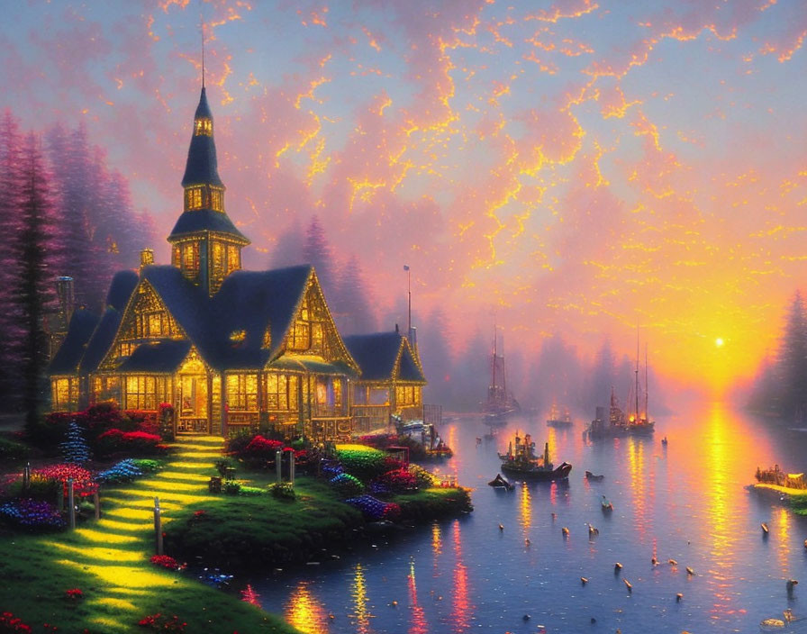 Scenic sunset view of illuminated cottage by lake