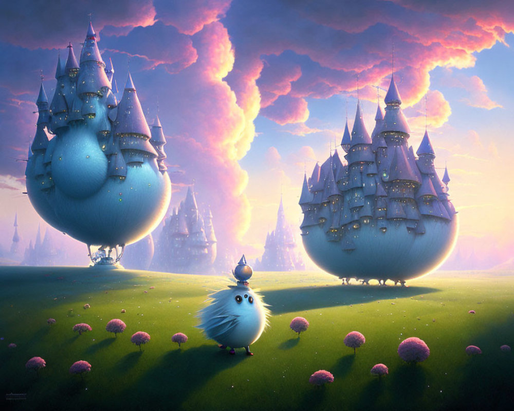 Fantasy landscape with floating islands, castles, colorful sky, and cute creature