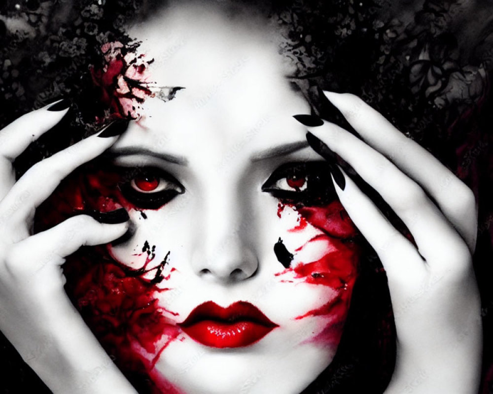 Monochrome image with red accents: person with red eyes, blood-like details, black nails, and
