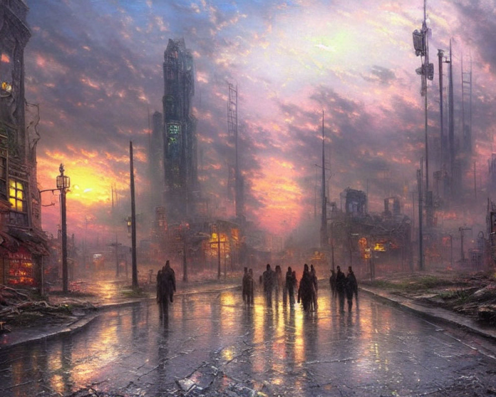 Dystopian cityscape at twilight with towering ruins and vibrant pink sky