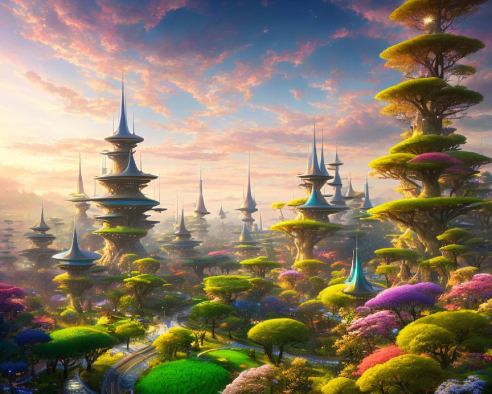 Fantasy landscape with spire-topped structures in colorful sunset scene