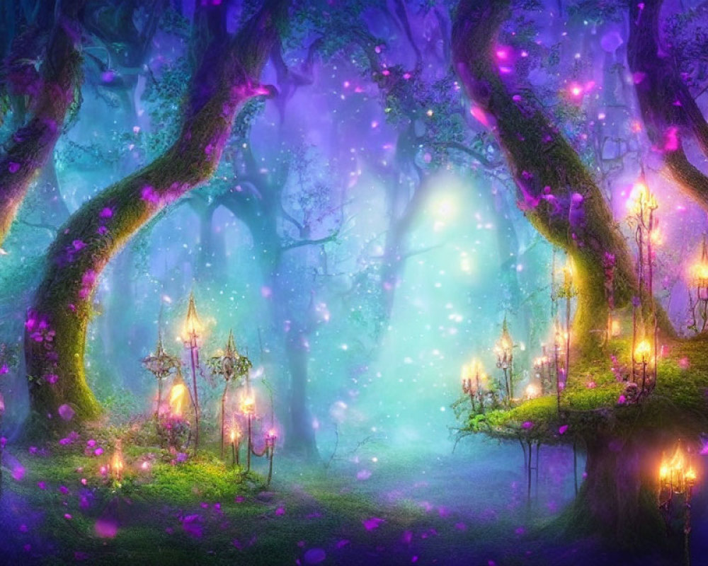 Enchanted Forest with Twisted Trees and Glowing Lanterns