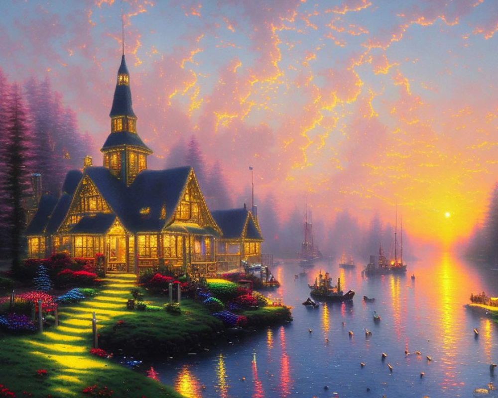 Scenic sunset view of illuminated cottage by lake