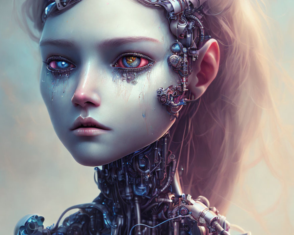 Cyborg girl digital artwork with mechanical parts and teary eyes