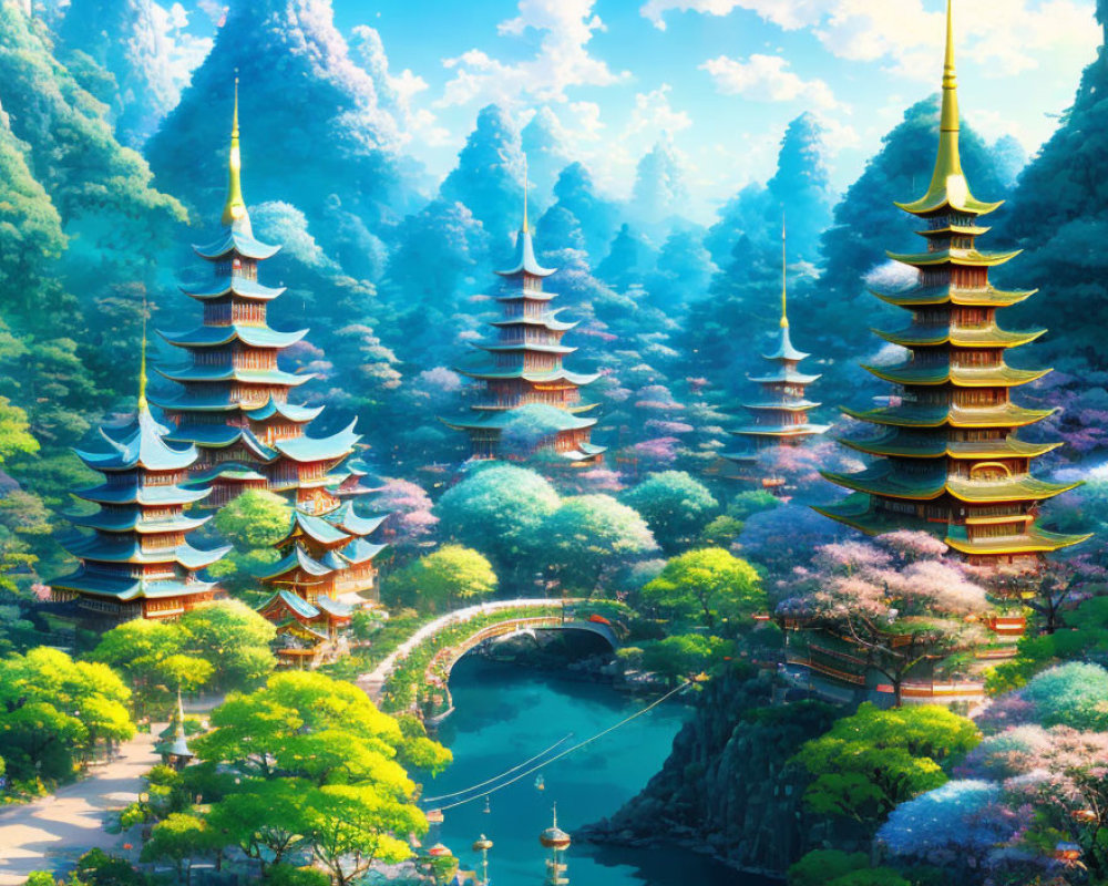 Twin pagodas in vibrant cherry blossom landscape