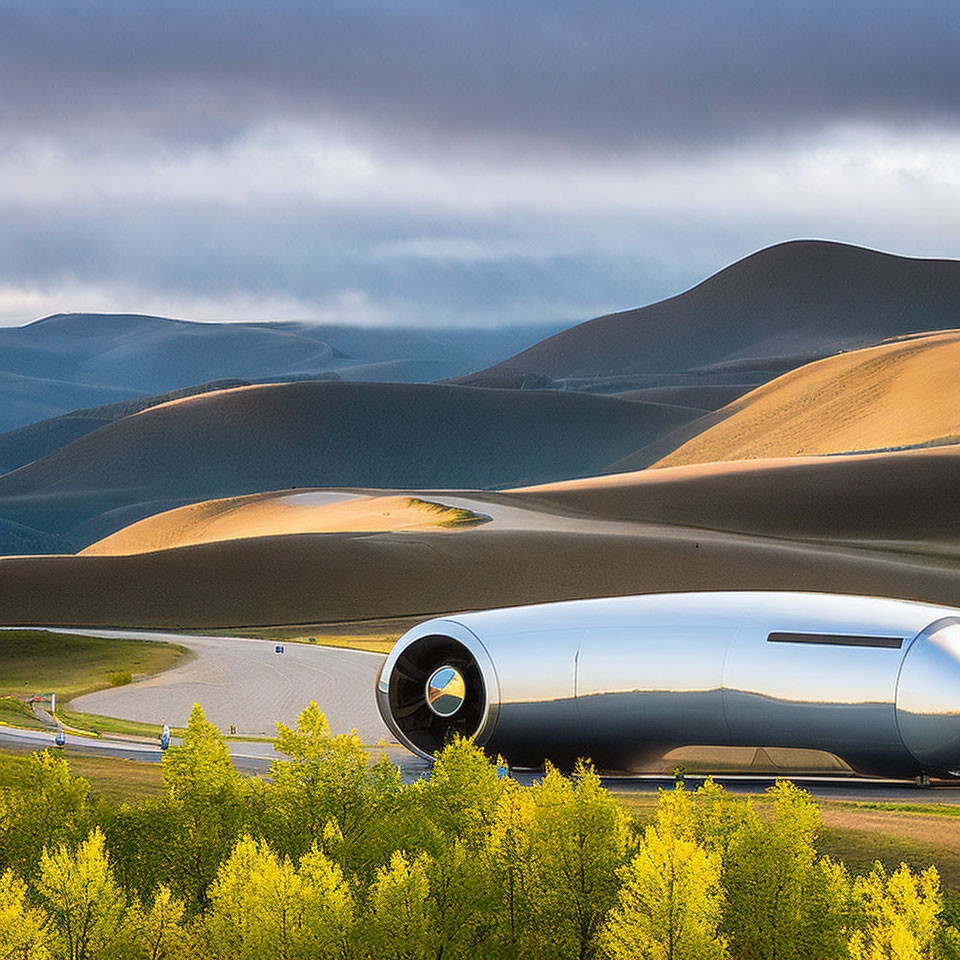 Futuristic silver capsule near road with shrubbery, sand dunes, and blue sky