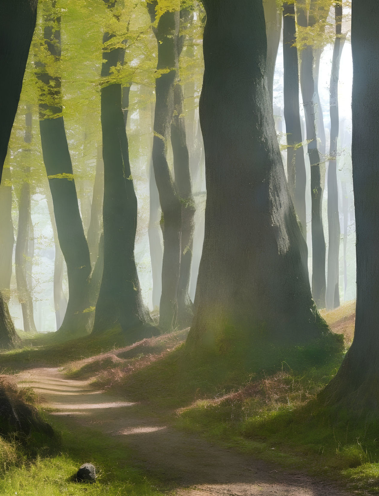 Tranquil Forest Path with Sunlight Filtering Through Tall Trees