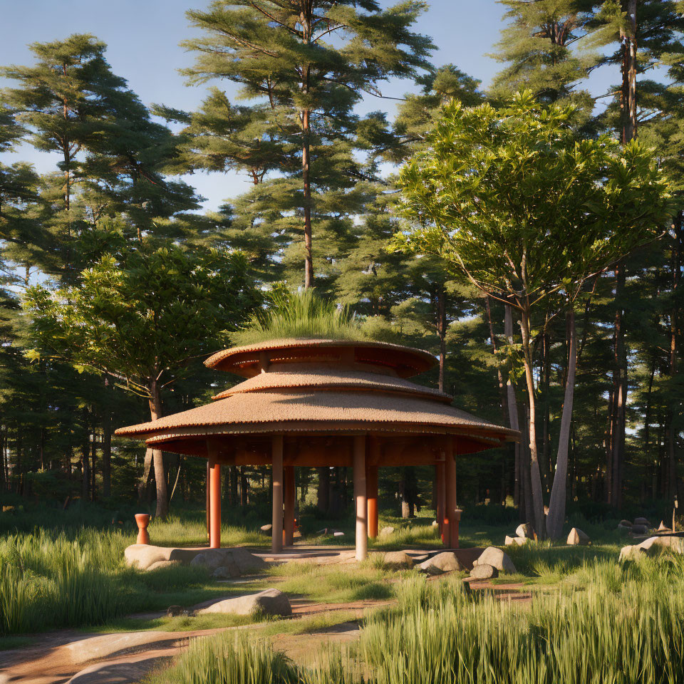 Traditional wooden gazebo with tiled roof in forest setting