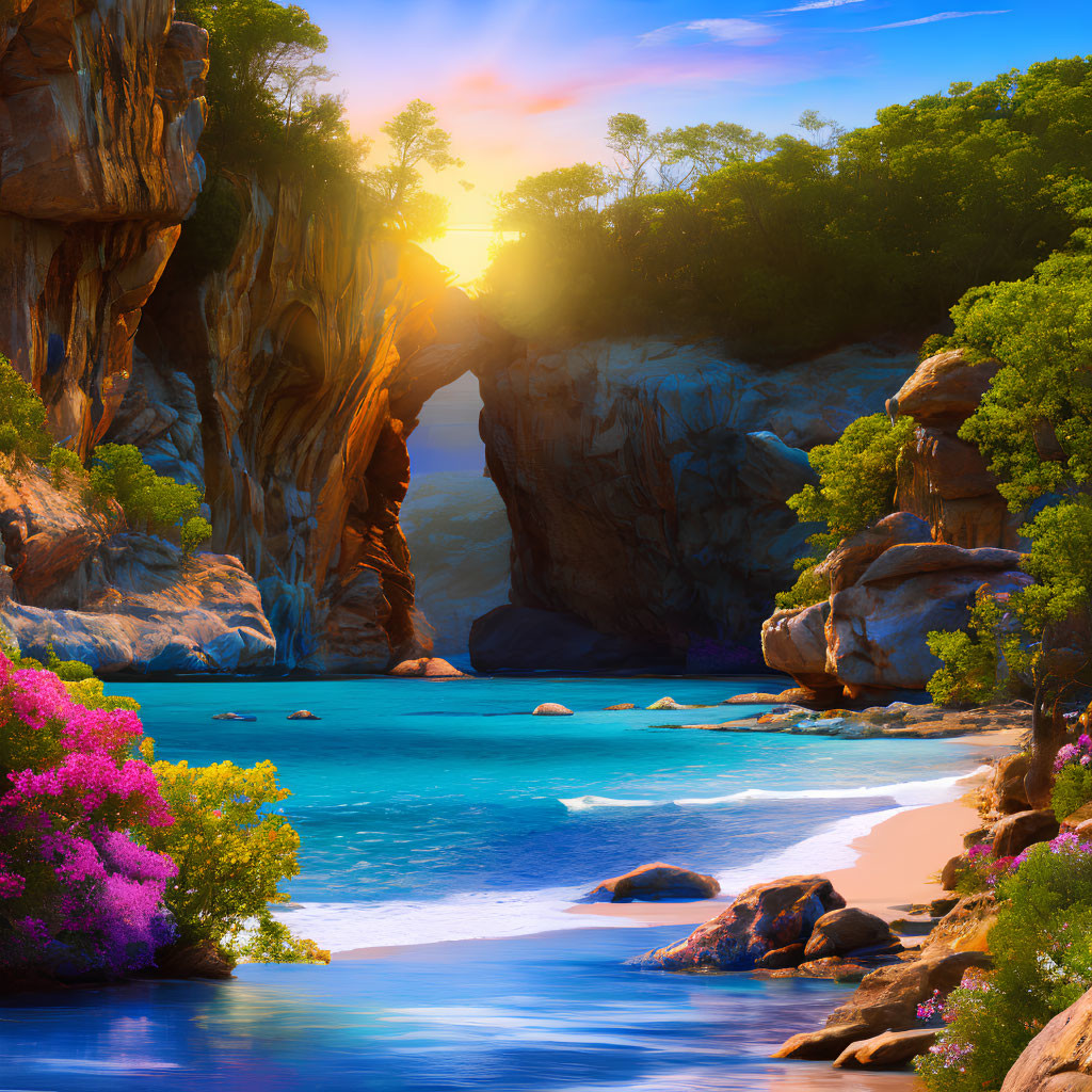Tranquil landscape with turquoise river, rock arch, and lush flora