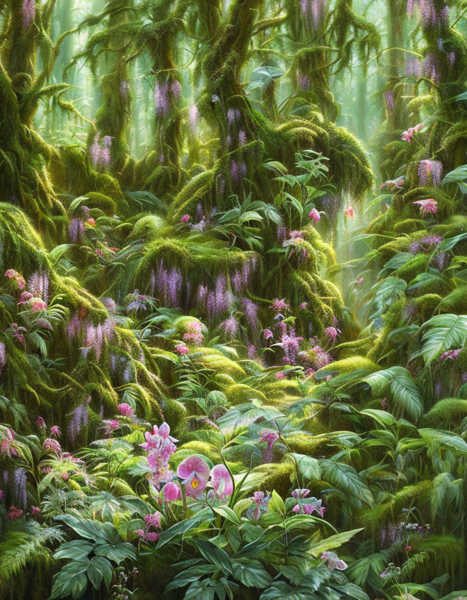 Lush green moss-covered forest with pink and purple flowers and mist.