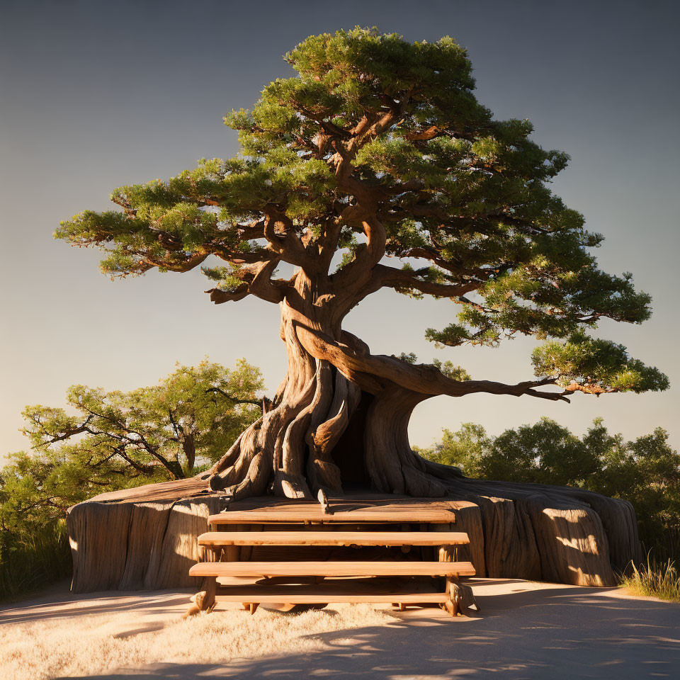 Majestic twisted bonsai tree with wooden bench in warm sunset backdrop
