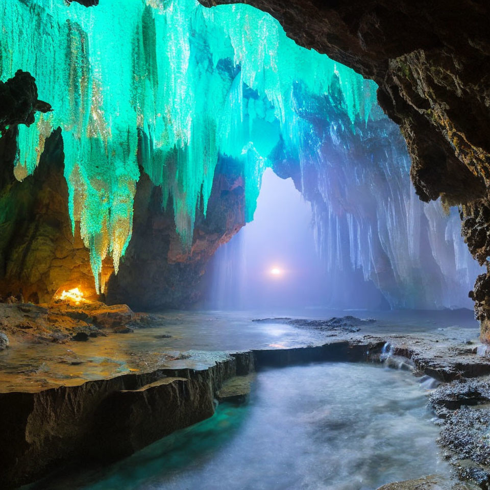 Limestone cave with turquoise stalactites and reflective water pool
