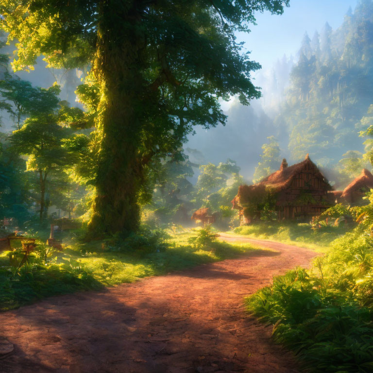 Tranquil Forest Morning with Sunlit Cottage