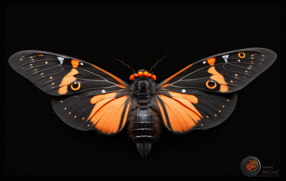 Orange and Black Butterfly with Eye Spots on Wings against Black Background