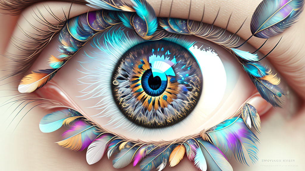Detailed close-up: Human eye with colorful feather eyelashes
