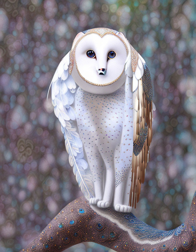 Stylized owl with human-like face on branch in bokeh setting