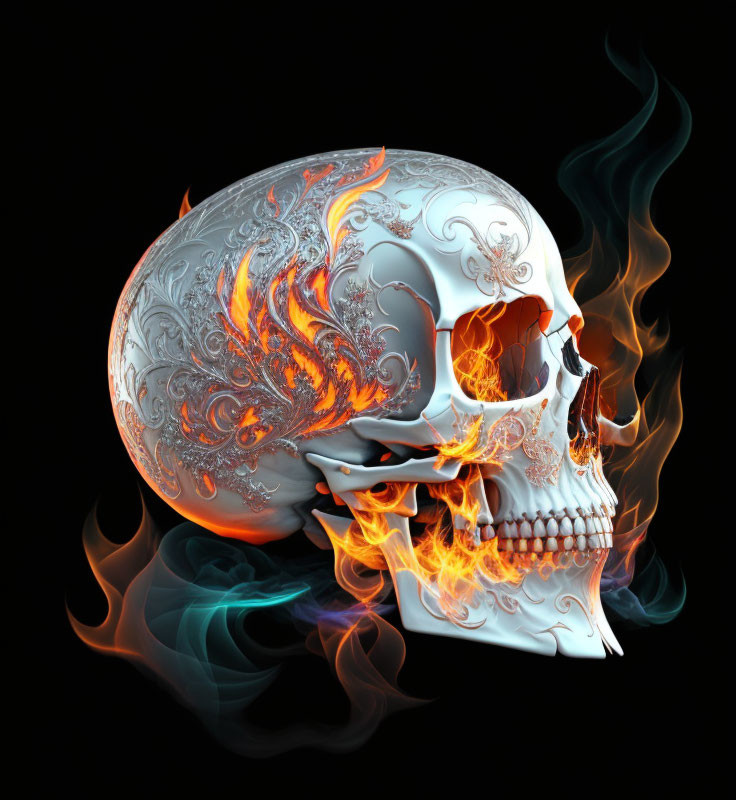 Digital artwork: Human skull with silver and orange patterns, flames, and smoke on black background
