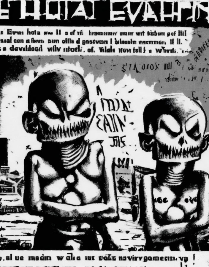 Monochrome drawing of two identical skeletal figures with exaggerated grins