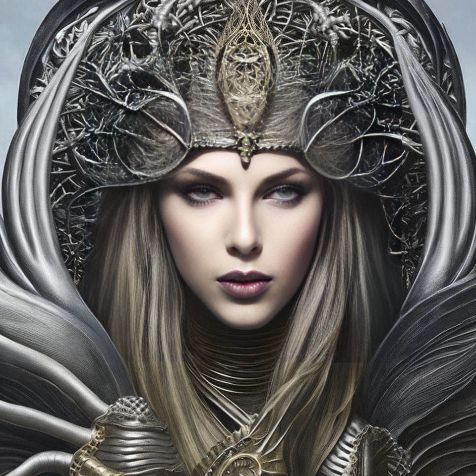 Detailed metallic headdress on woman with long blonde hair