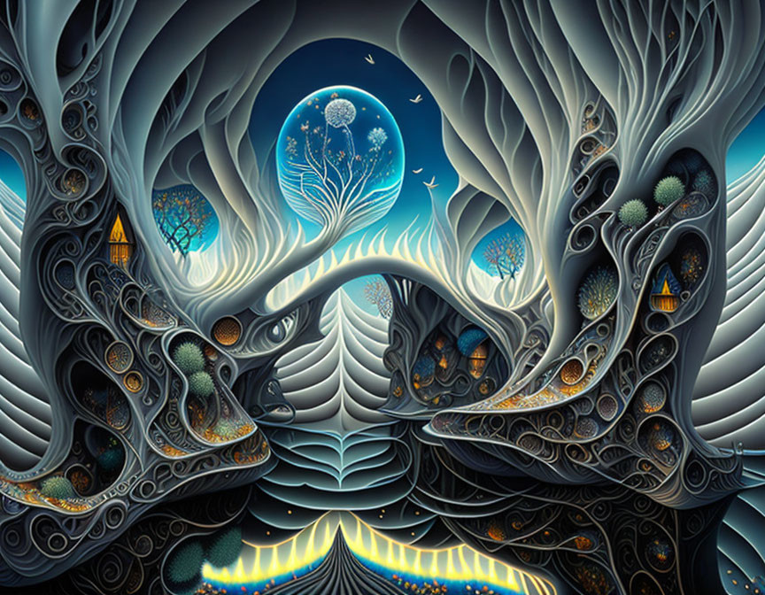 Surreal artwork with stylized trees, swirling patterns, moon, and lanterns