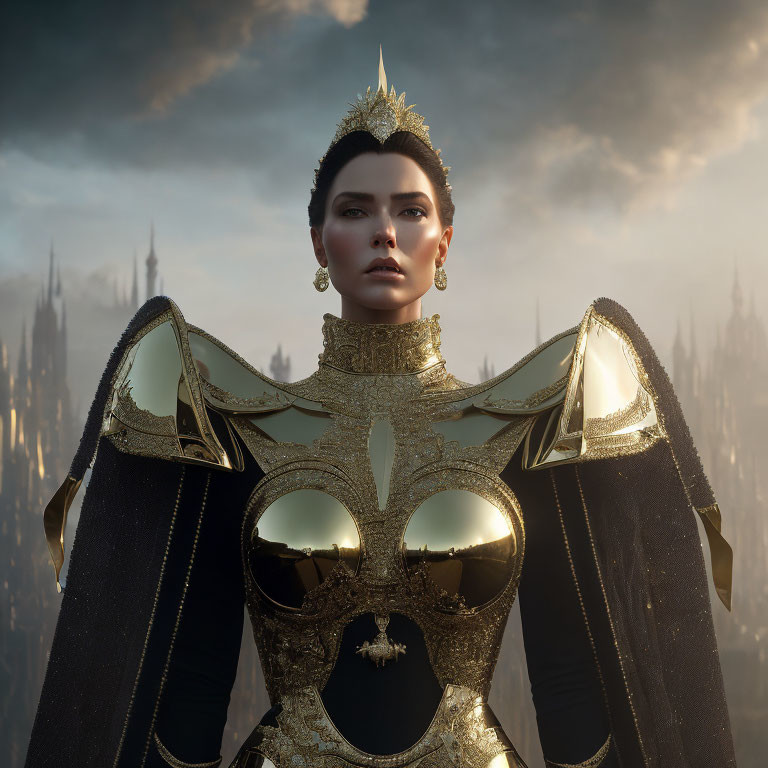 Regal woman in golden crown and armor against dramatic sky.