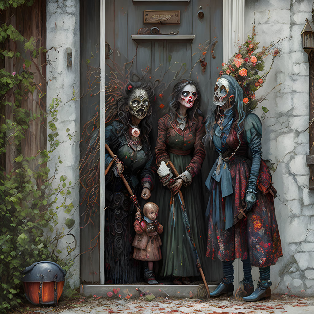 Three Figures in Elaborate Day of the Dead Attire by Rustic Door