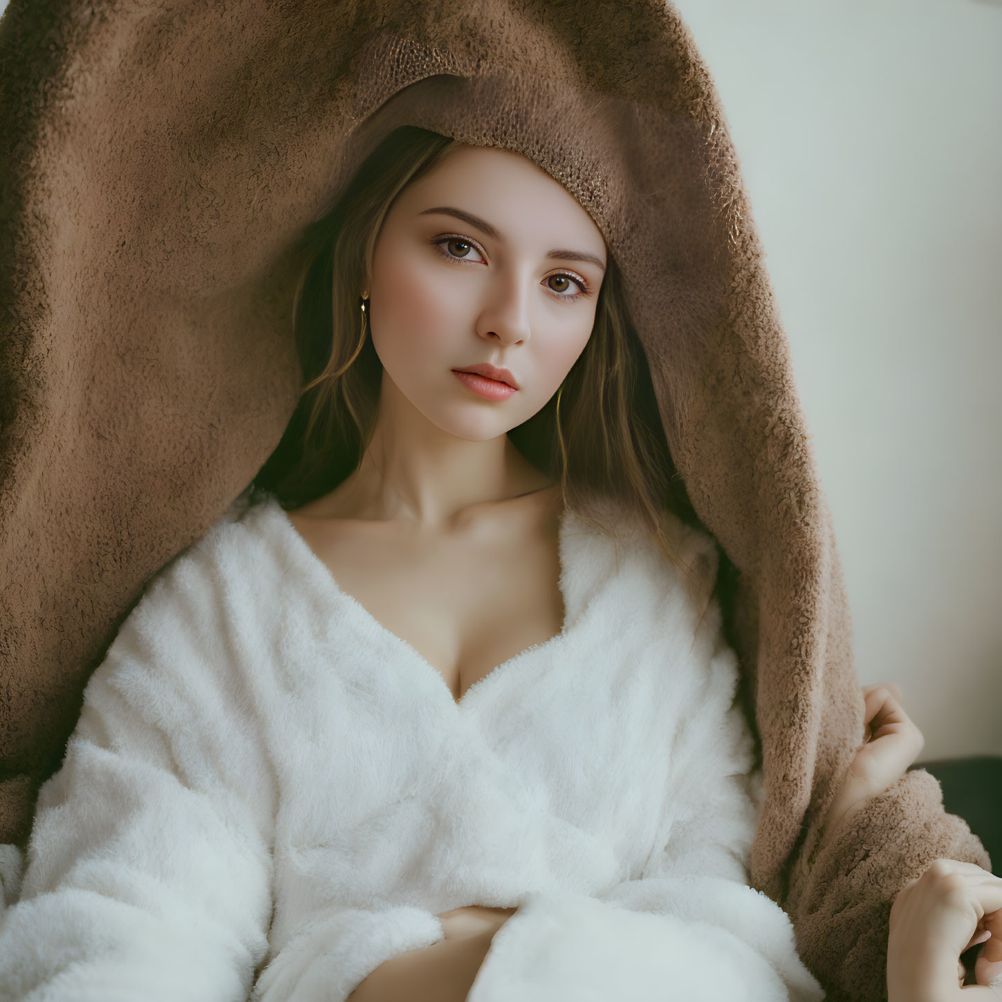 Long-haired woman in white fur coat and brown hat poses serenely.