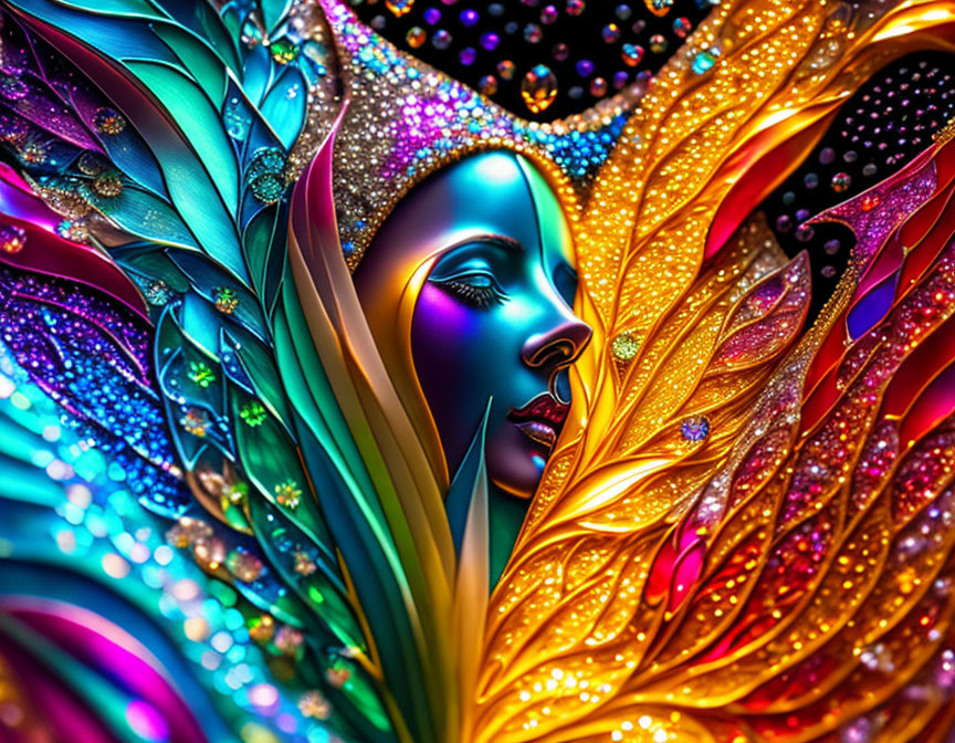 Colorful digital art portrait of female figure with blue skin and intricate feathers and gemstones.