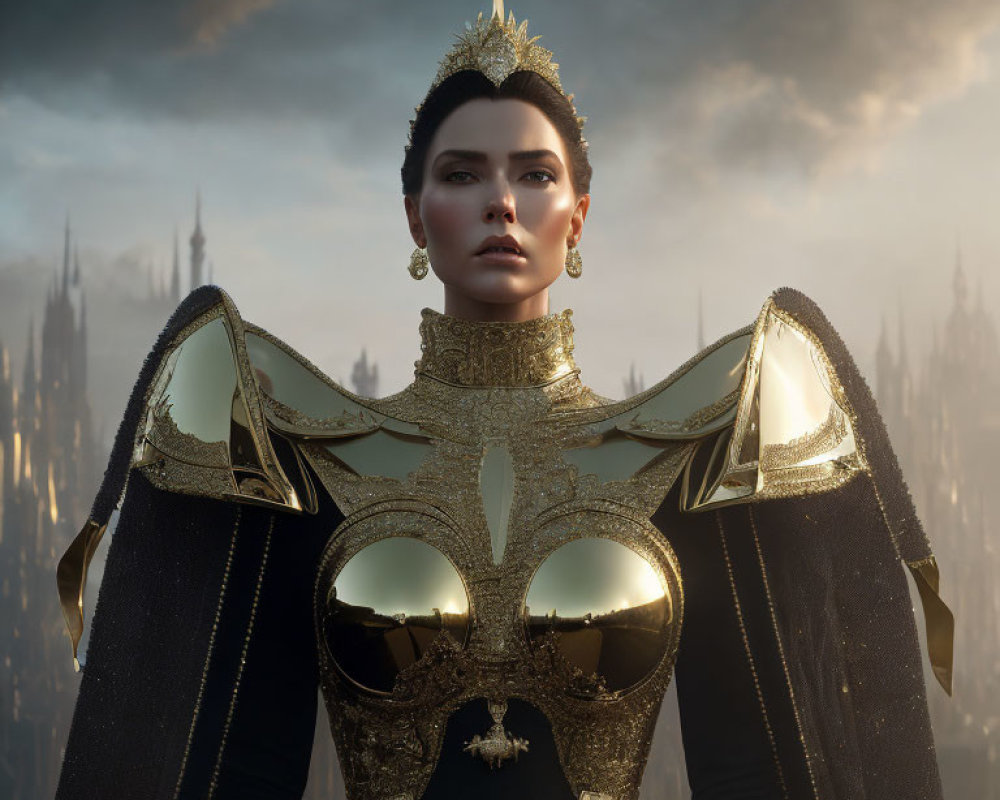 Regal woman in golden crown and armor against dramatic sky.