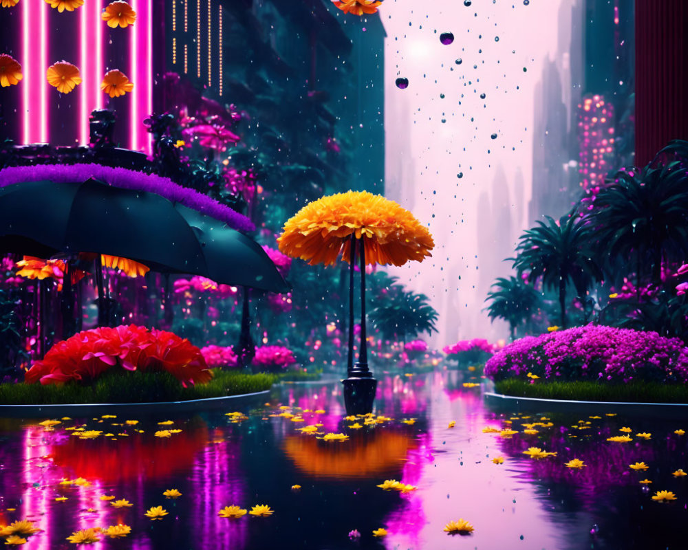 Vibrant surreal cityscape with neon lights and oversized flowers
