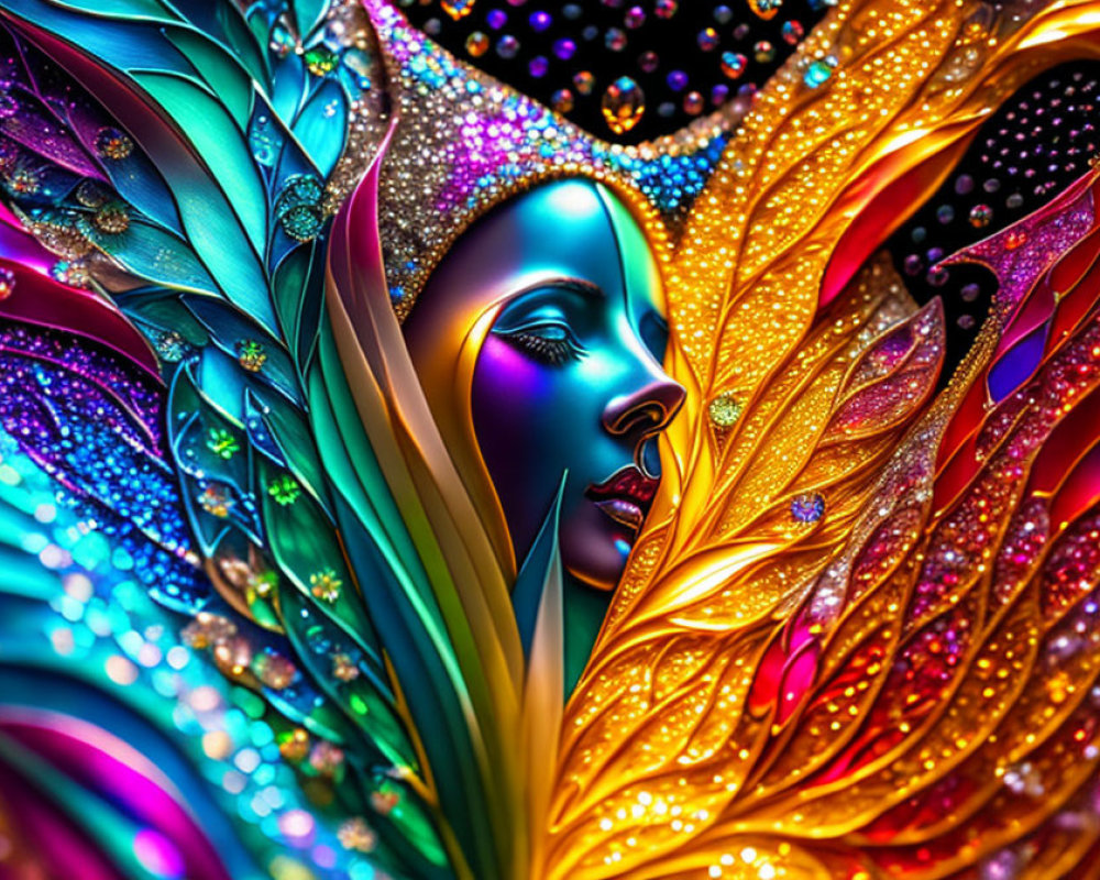 Colorful digital art portrait of female figure with blue skin and intricate feathers and gemstones.