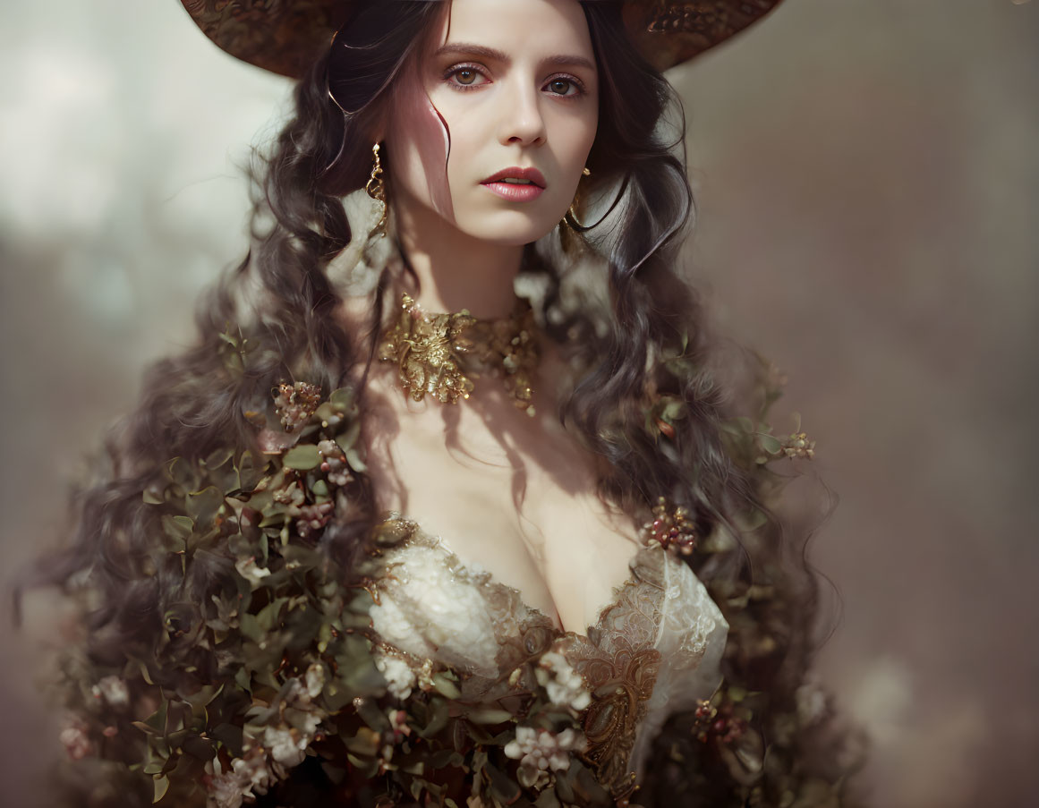 Vintage woman in dress and hat with foliage, wearing intricate jewelry