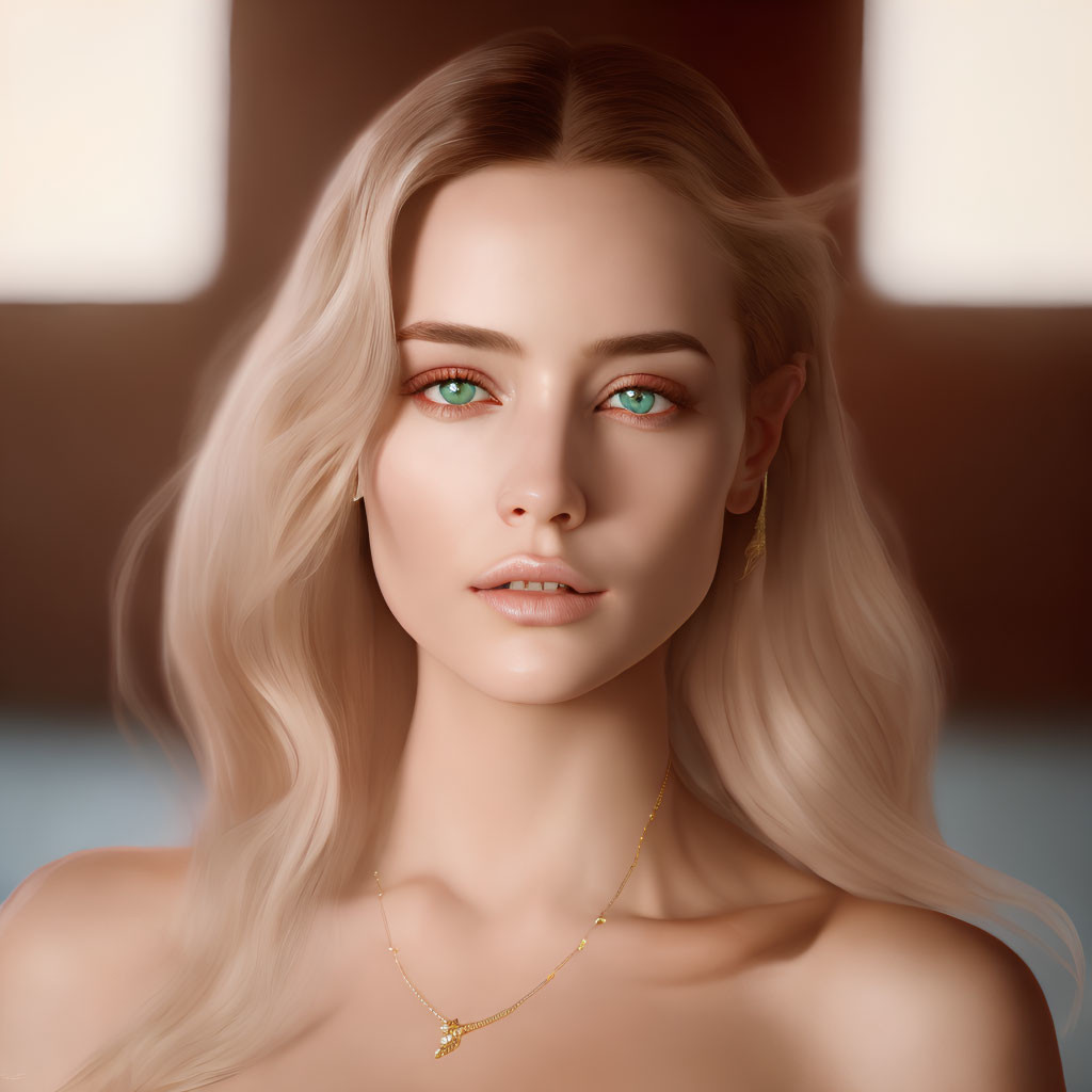 Portrait of woman with emerald green eyes and blonde hair in gold jewelry