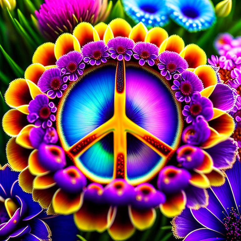Colorful Peace Symbol Surrounded by Stylized Flowers on Psychedelic Background