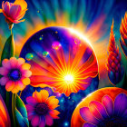 Colorful Flowers and Cosmic Sunset Scene with Space Backdrop