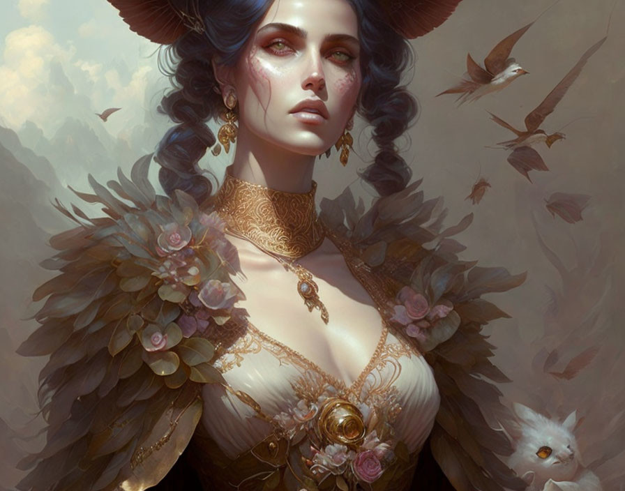 Regal woman with blue hair and bird-like feathers in gold jewelry and roses outfit with small white creature
