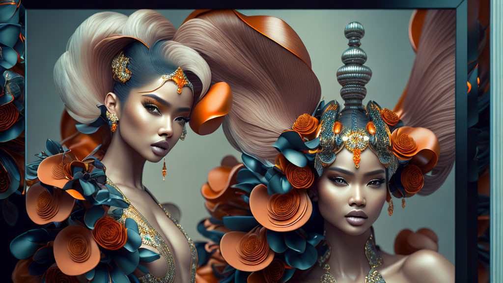 Elaborate Orange and Teal Hairstyles on Two Women