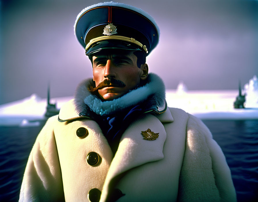 Naval officer in mustache uniform with snowy ships backdrop