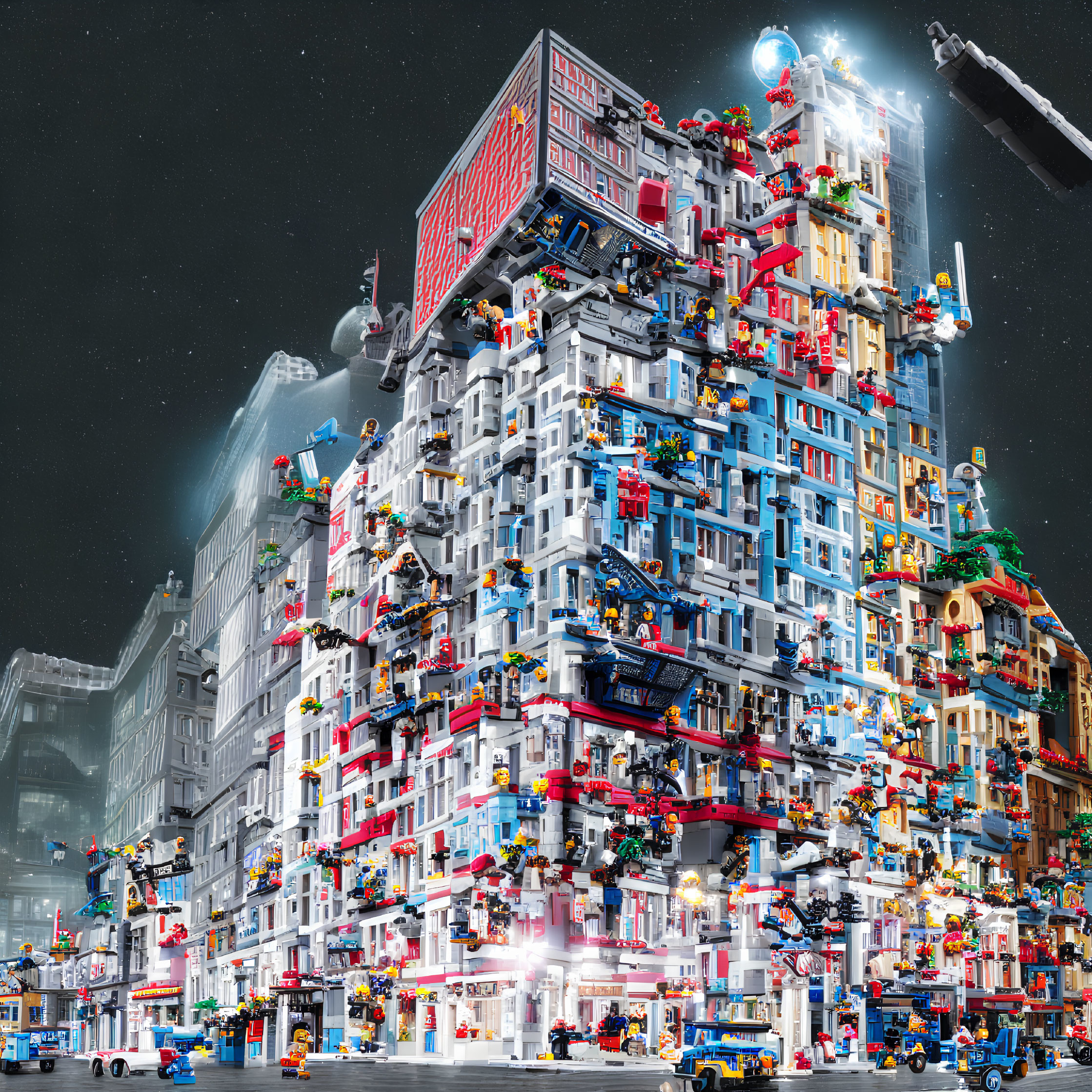Colorful Lego City Night Scene with Vibrant Buildings and Starry Sky
