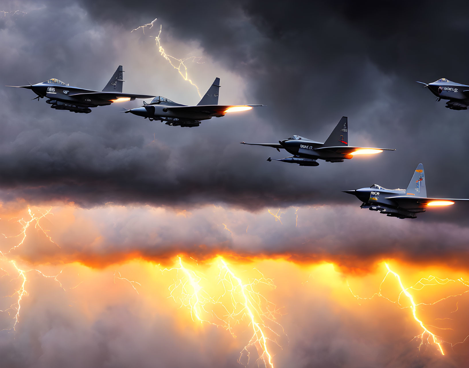 Formation of Fighter Jets Amidst Lightning Strikes and Stormy Sky