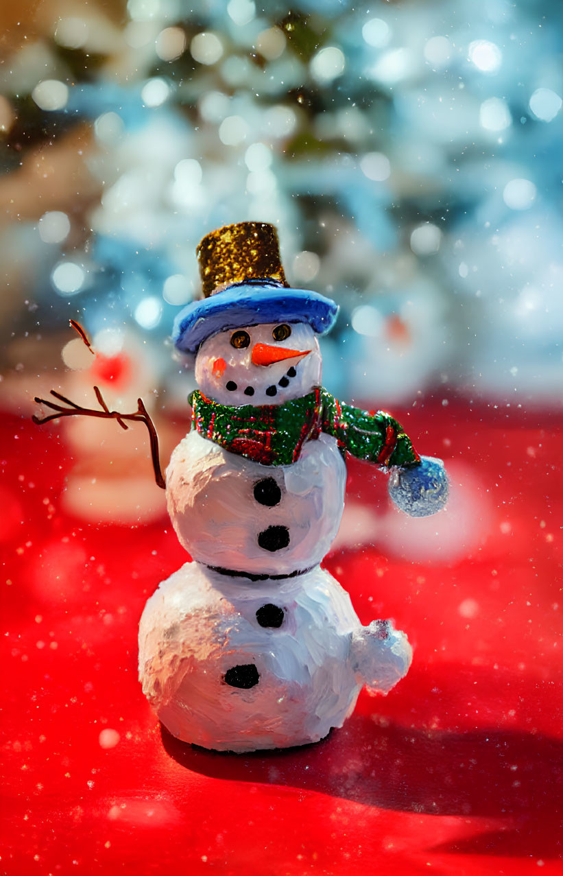 Snowman with Top Hat and Scarf on Red Surface