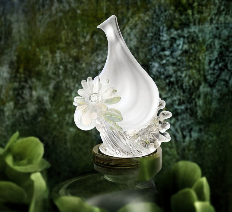 Translucent glass sculpture of flame or teardrop with floral accents on green backdrop