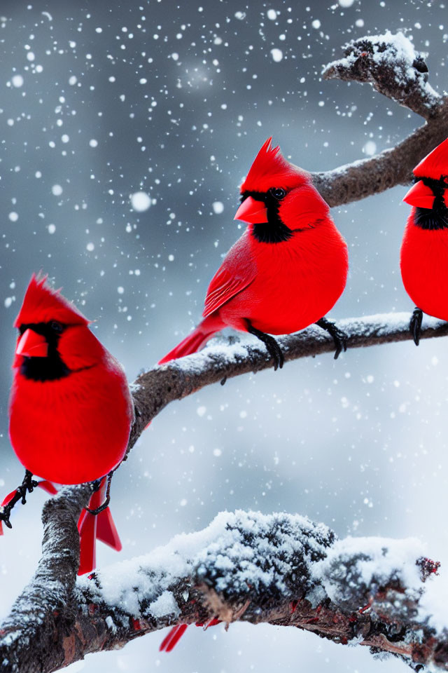 Vibrant red cardinals on snowy branch with falling snowflakes