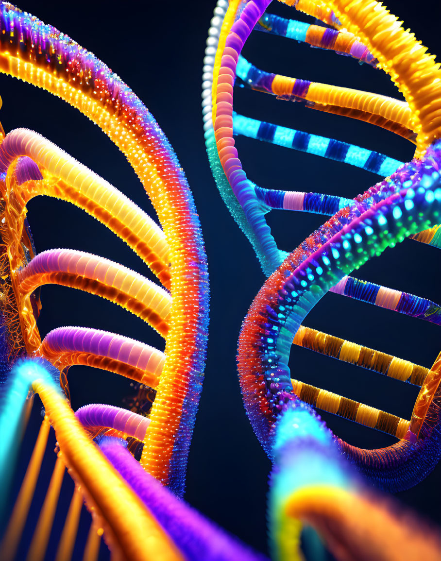 Colorful 3D DNA Double Helix Structure with Glowing Particles