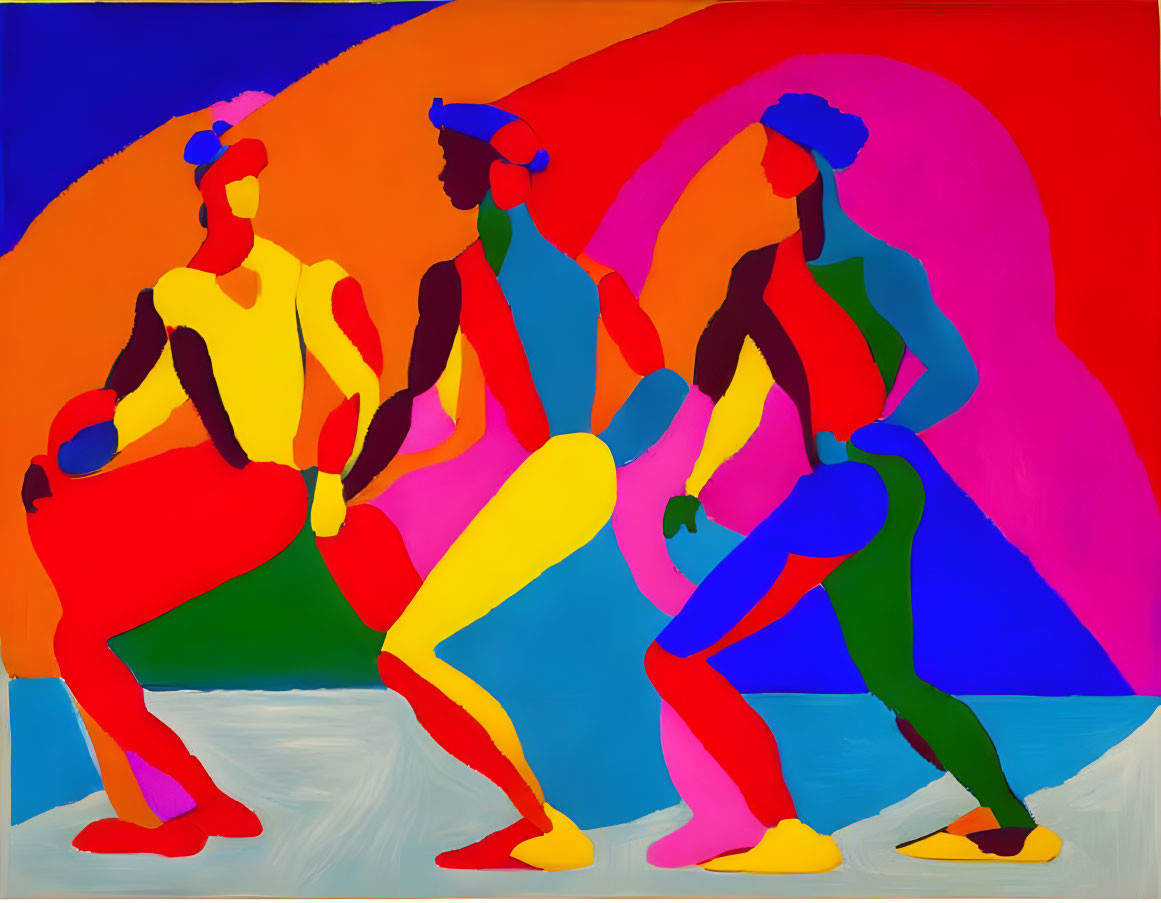 Colorful Stylized Silhouettes on Abstract Background: Movement and Dance Theme