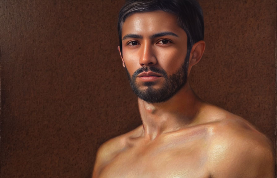 Bearded shirtless man portrait against textured brown background