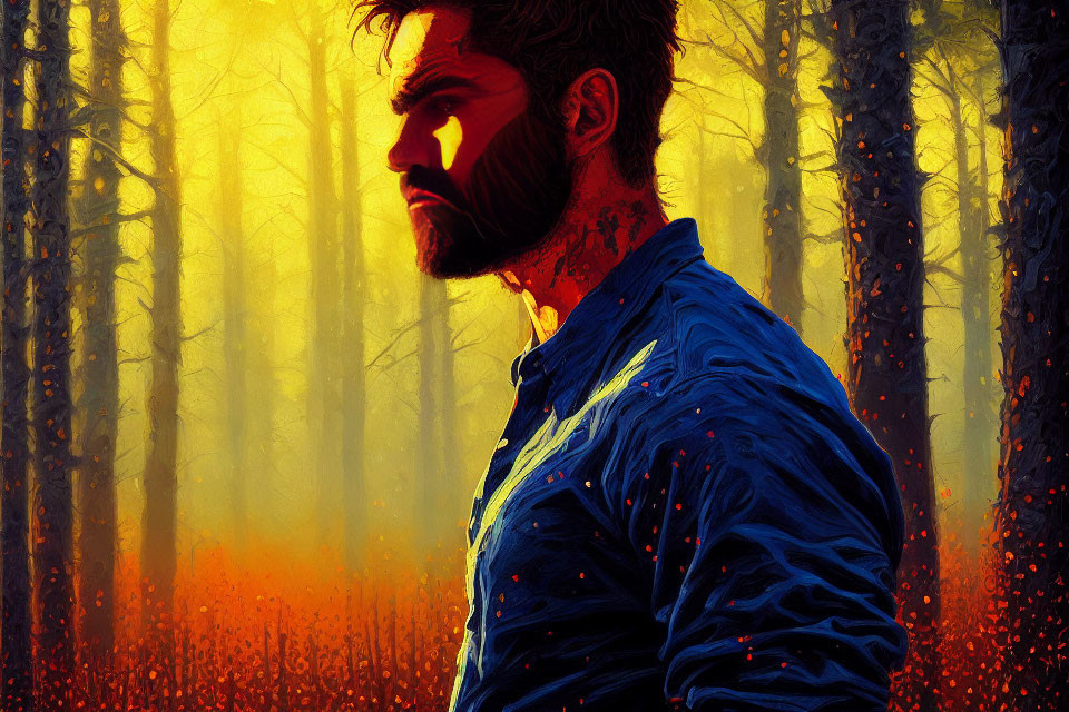 Intense gaze of bearded man in fiery forest at dusk