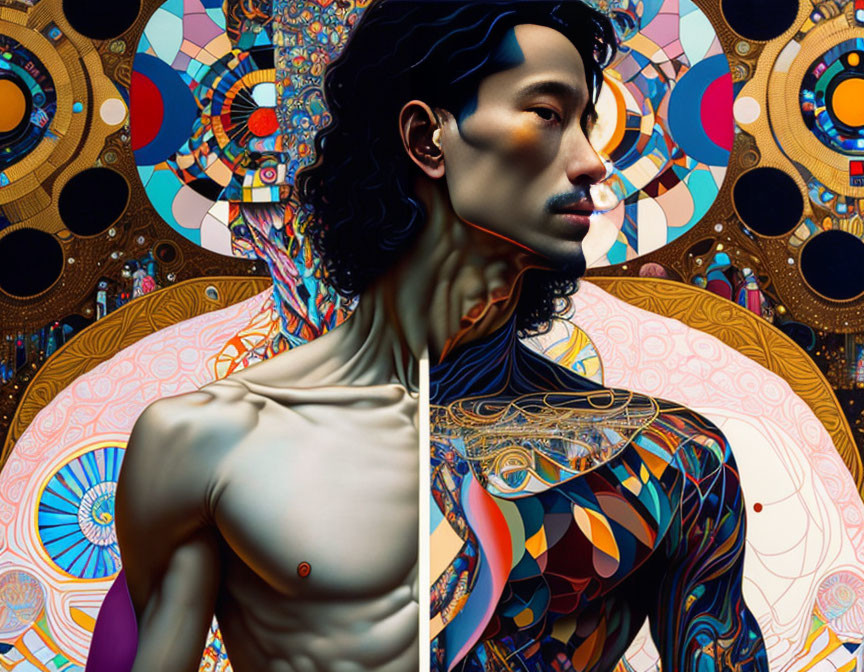 Split-Design Image: Realistic Man's Face vs Colorful Artwork