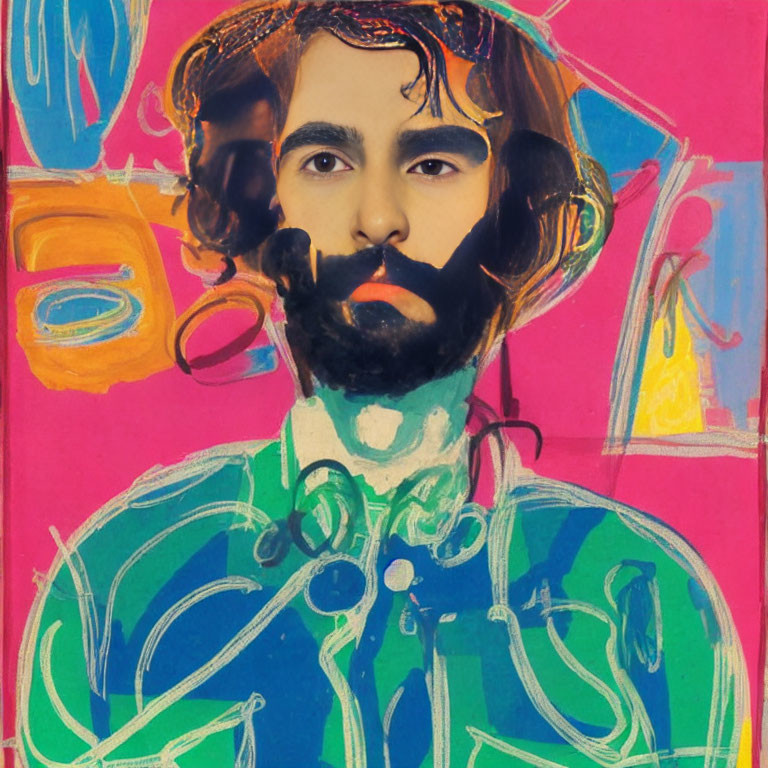 Photographic portrait merged with vibrant abstract painted elements in pink, blue, and green hues showcasing a be
