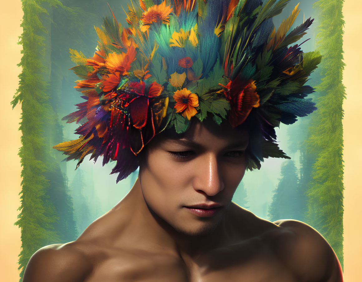Colorful Feathered Headdress Portrait Against Forest Background